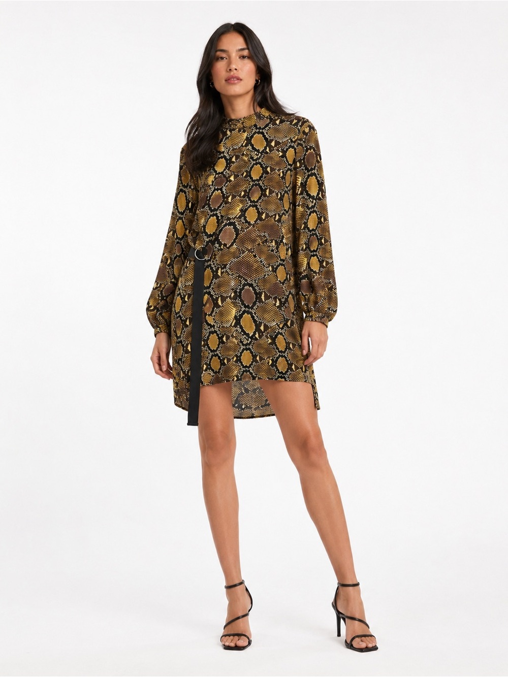 Zara Snakeskin Belted Long Sleeve Modest Dress